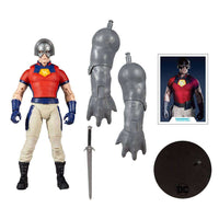 McFarlane Suicide Squad Peacemaker 18 cm action figure with accessories, build-a-figure parts, and display stand.