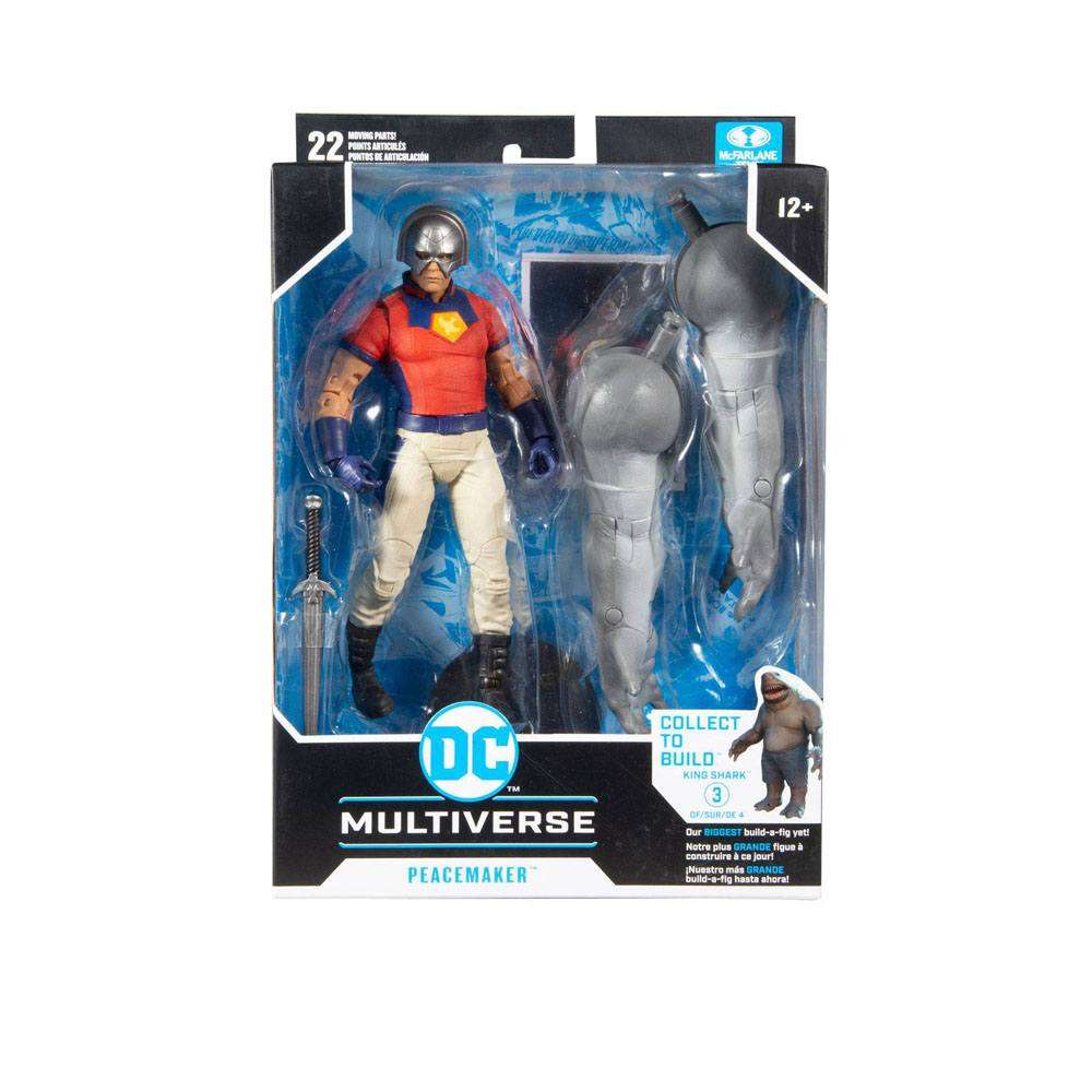 McFarlane Suicide Squad Peacemaker 18 cm action figure in window box packaging with King Shark build-a-figure piece.
