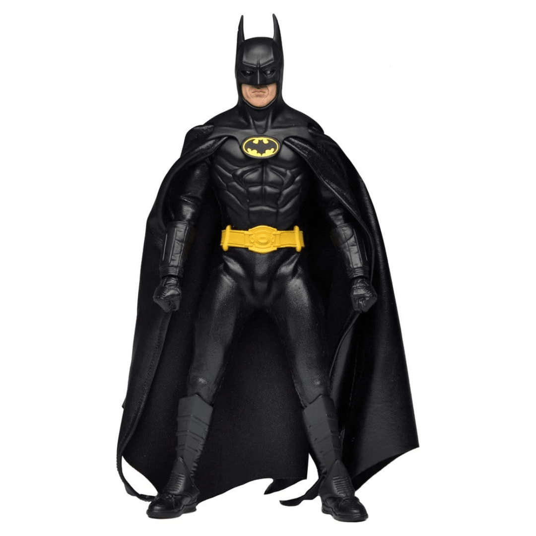 Front view of the 20cm NECA Batman 1989 clothed action figure in a black suit with a yellow utility belt and fabric cape.