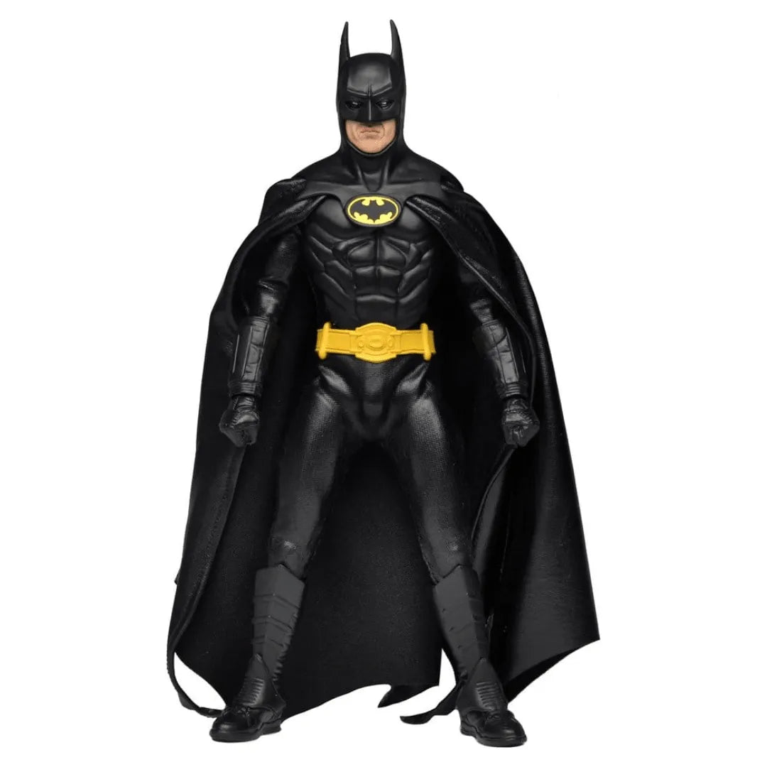 Front view of the 20cm NECA Batman 1989 clothed action figure in a black suit with a yellow utility belt and fabric cape.