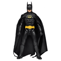 Front view of the 20cm NECA Batman 1989 clothed action figure in a black suit with a yellow utility belt and fabric cape.