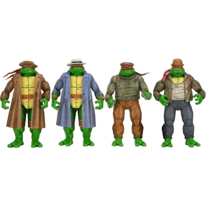 NECA Mirage Comics Gangster Turtles 7-inch action figure 4-pack featuring the turtles in detailed trench coats and hats.