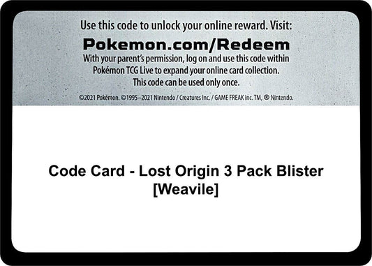 Pokemon - Code Card - Lost Origin 3 Pack Blister [Weavile] (SWSH11: Lost Origin)