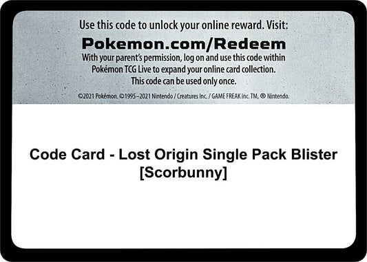 Pokemon - Code Card - Lost Origin Single Pack Blister [Scorbunny] (SWSH11: Lost Origin)