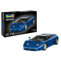 Revell Bugatti EB110 1:24 scale model kit featuring a blue sports car with detailed silver wheels and packaging box.