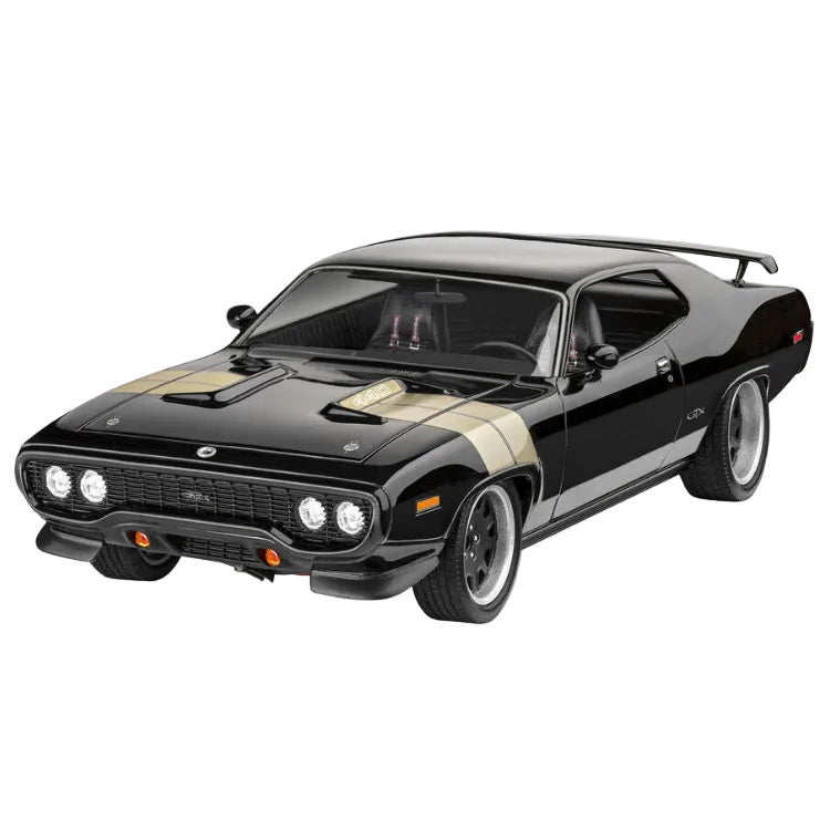 Revell 1:24 scale Dominic's 1971 Plymouth GTX model kit in black with gold hood stripes and a rear spoiler.