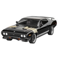 Revell 1:24 scale Dominic's 1971 Plymouth GTX model kit in black with gold hood stripes and a rear spoiler.