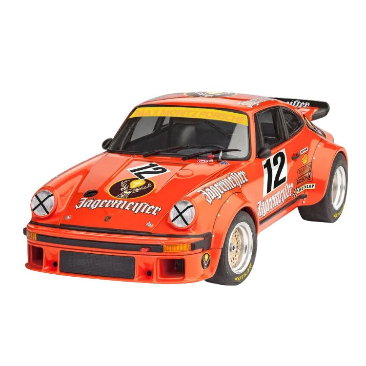 Revell 1:24 scale Jägermeister Porsche model kit featuring a bright orange racing car with number 12 decals.