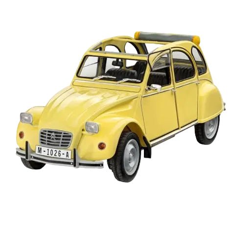 Front three-quarter view of a yellow Revell James Bond Citroën 2CV 1:24 scale model car with a rolled-back roof.