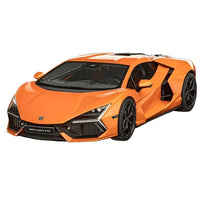 Front three-quarter view of a bright orange 1:24 scale Revell Lamborghini Revuelto model kit with black wheels.