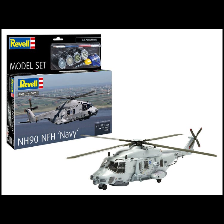 Revell NH90 NFH Navy 1:72 scale model kit box next to a fully assembled and painted grey helicopter model.