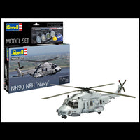 Revell NH90 NFH Navy 1:72 scale model kit box next to a fully assembled and painted grey helicopter model.