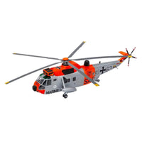 Assembled 1:72 scale Revell Westland Sea King Mk.41 model helicopter in grey and orange German Marine livery.