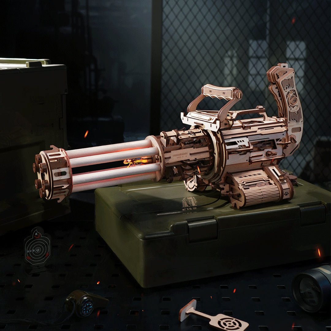 ROKR Rotating-Barrel Machine Gun LQA01 – Mechanical 3D Wooden Puzzle & Rubber Band Shooter