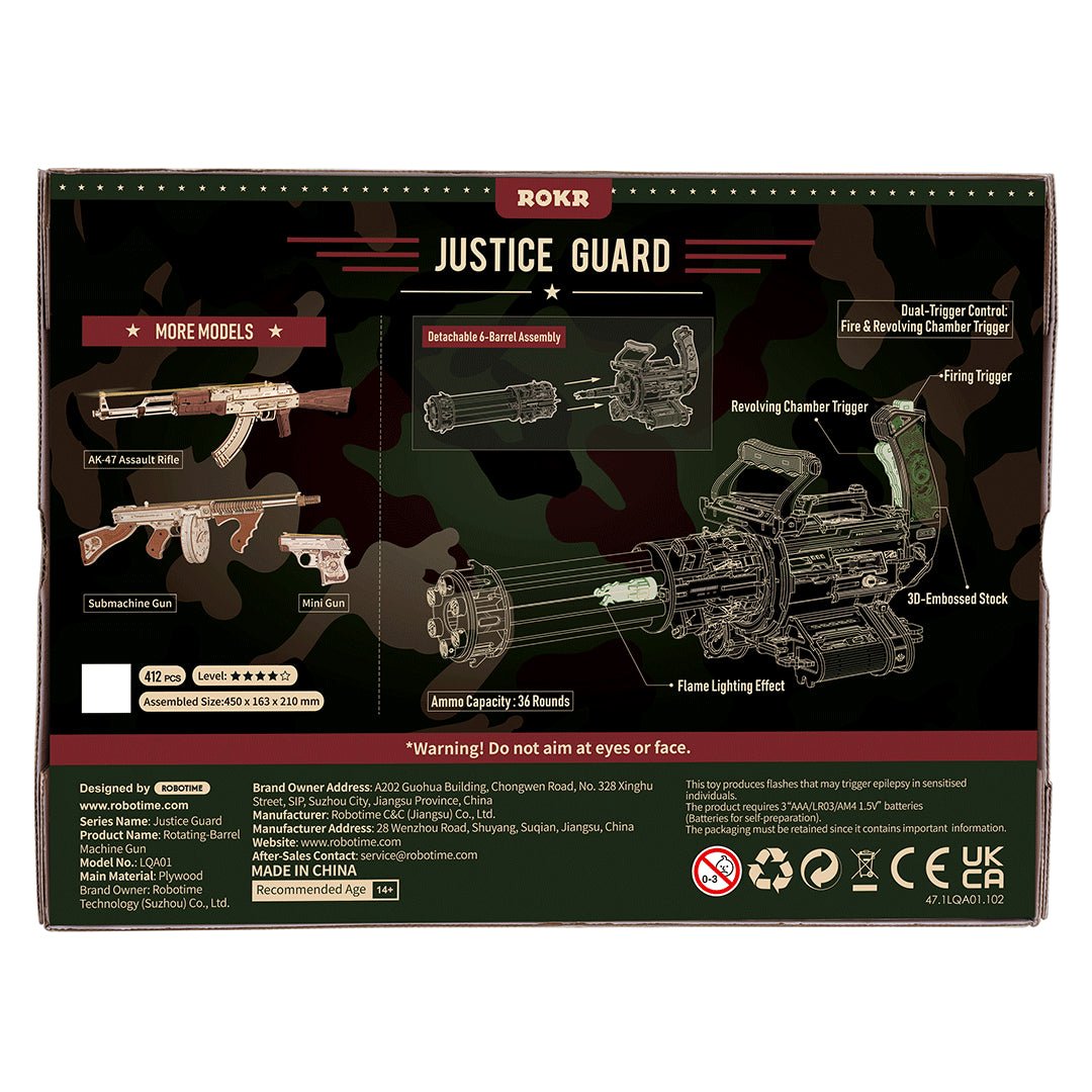 ROKR Rotating-Barrel Machine Gun LQA01 – Mechanical 3D Wooden Puzzle & Rubber Band Shooter