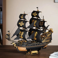 ROKR The Seahorse Barque 3D wooden ship puzzle featuring black sails with gold accents in a detailed side view.