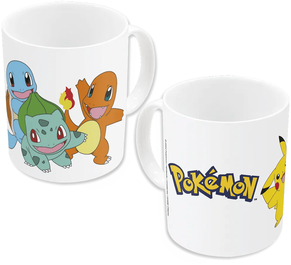 White 11oz Stor Pokémon Friends ceramic mug featuring Squirtle, Bulbasaur, Charmander, and Pikachu designs.