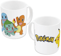 White 11oz Stor Pokémon Friends ceramic mug featuring Squirtle, Bulbasaur, Charmander, and Pikachu designs.
