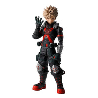 Katsuki Bakugo S.H.Figuarts action figure in a black and red hero suit with spiky blonde hair, front view.