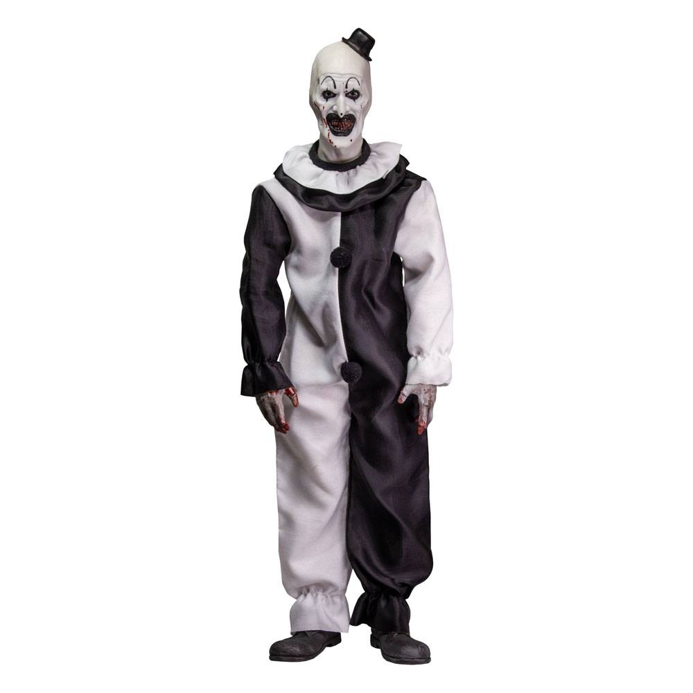Front view of a 1/6 scale Art the Clown action figure in a black and white jester costume with a small top hat.