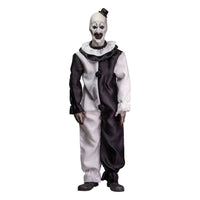 Front view of a 1/6 scale Art the Clown action figure in a black and white jester costume with a small top hat.