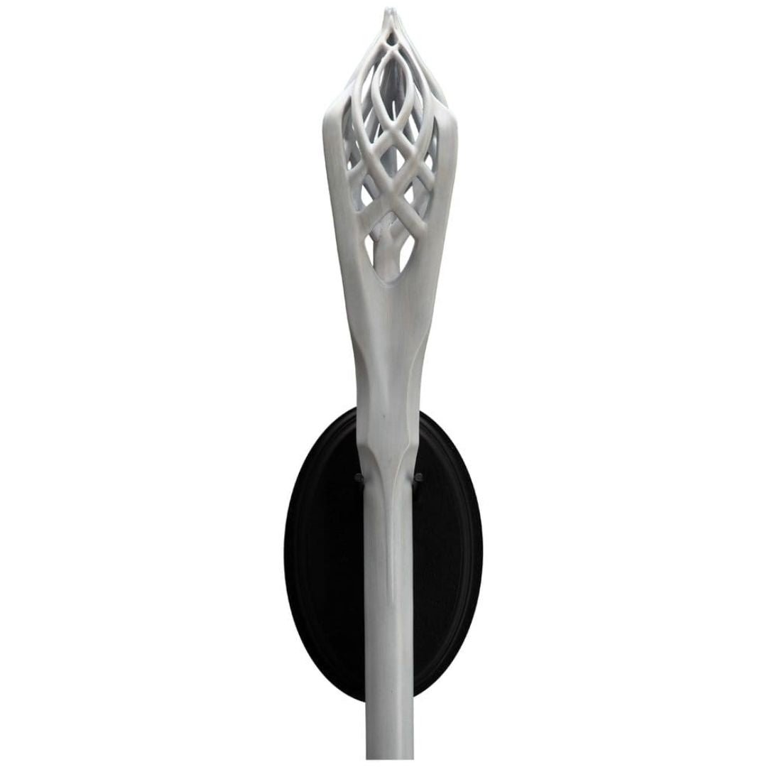 Close-up of the Weta Workshop Gandalf the White Staff prop replica featuring its intricate white crown on a black mount.