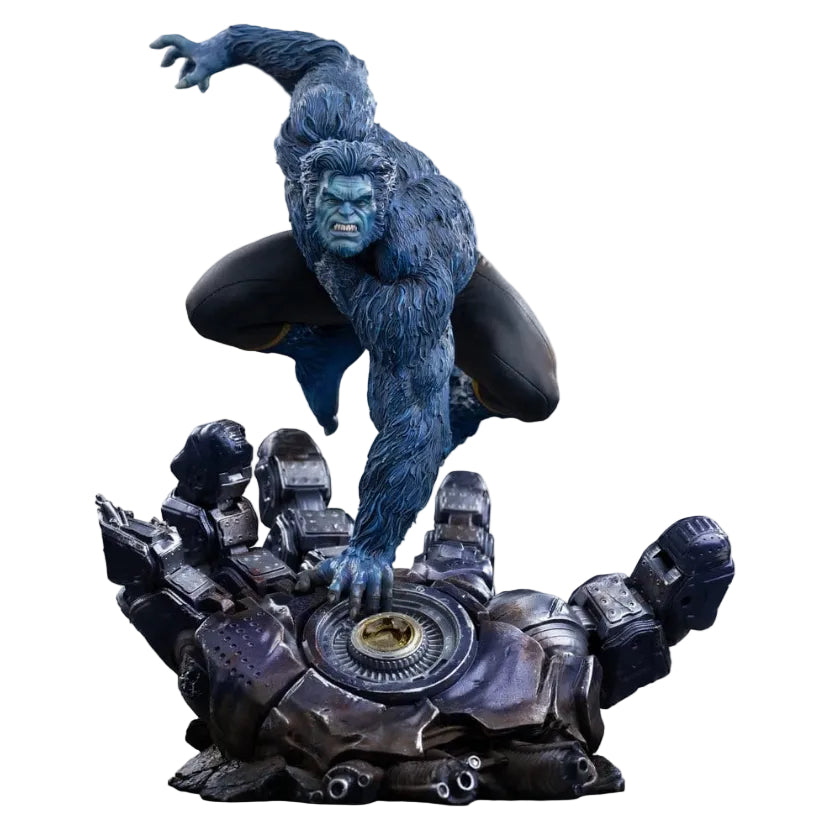 A detailed collectible statue of a blue-furred humanoid creature leaping over a metallic robotic base, isolated on a white background.