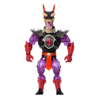 Action figure with a black and purple costume, red accents, and horns on a white background