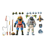Two action figures with accessories on a white background