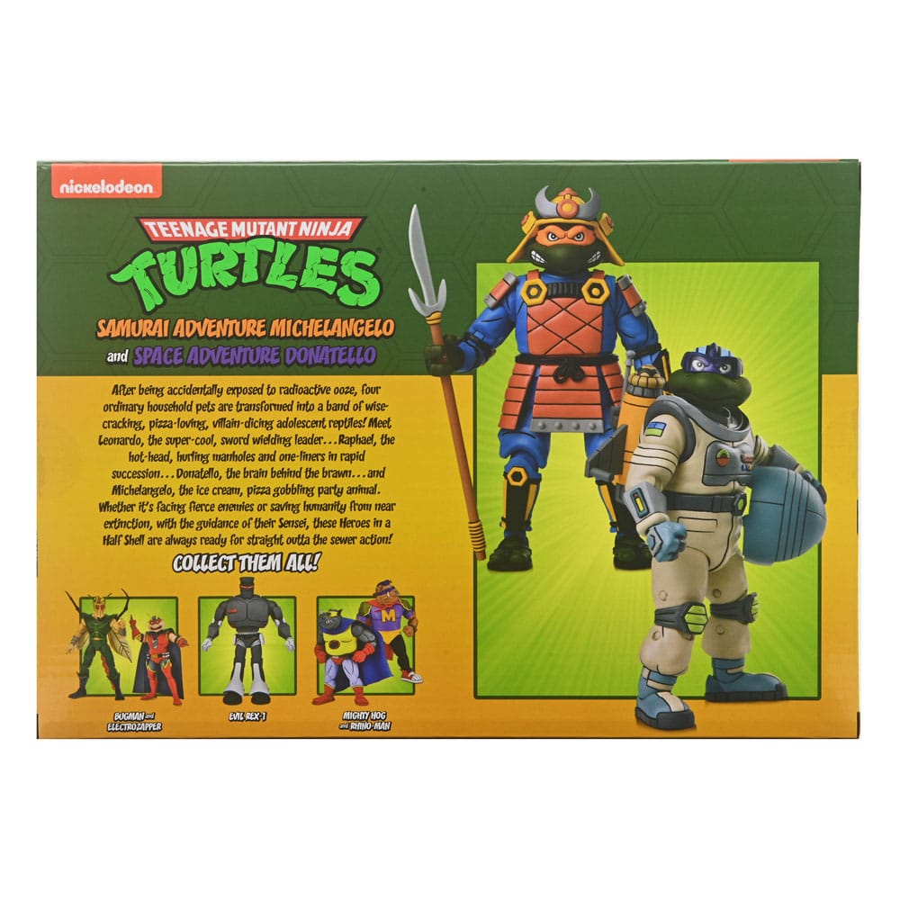 Box for Teenage Mutant Ninja Turtles action figures featuring Samurai Adventure Michelangelo and Space Adventure Donatello.