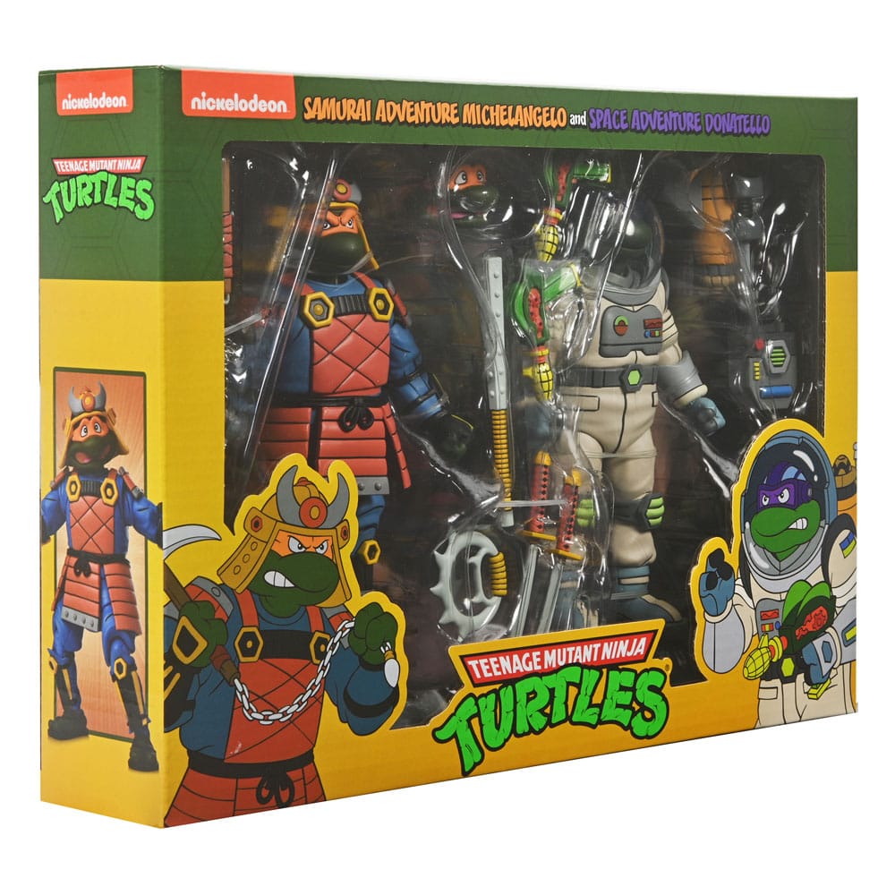 Toy figure packaging with characters from Teenage Mutant Ninja Turtles, featuring a samurai and space-themed design.